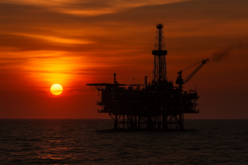 Plataforma petrolera en alta mar al atardecer en Campeche, símbolo de la Enfermedad Holandesa y la dependencia económica del petróleo en México. Imagen para ensayo de Pepe Berzunza sobre desarrollo económico y diversificación productiva.