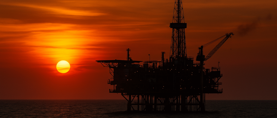 Plataforma petrolera en alta mar al atardecer en Campeche, símbolo de la Enfermedad Holandesa y la dependencia económica del petróleo en México. Imagen para ensayo de Pepe Berzunza sobre desarrollo económico y diversificación productiva.