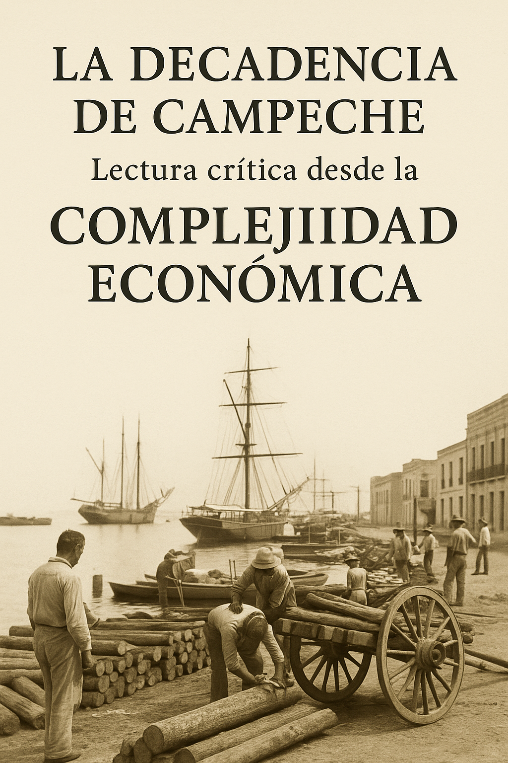 Portada con fotografía histórica del puerto de Campeche en sepia, acompañada del título “La decadencia de Campeche: Lectura crítica desde la complejidad económica”. Representa la relación entre el pasado productivo de Campeche y su bajo nivel de sofisticación económica.