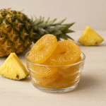 Dulce de piña cristalizada artesanal de Campeche preparado por Pepe Berzunza. Fotografía gastronómica con rodajas doradas de piña en un tazón de vidrio, acompañadas de una piña fresca al fondo. Imagen del blog de José Domingo “Pepe” Berzunza Espínola, dedicada a rescatar recetas tradicionales y fomentar la economía de barrio.