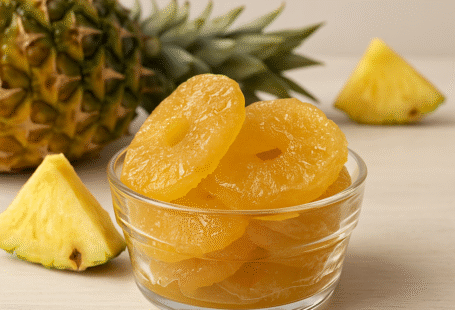 Dulce de piña cristalizada artesanal de Campeche preparado por Pepe Berzunza. Fotografía gastronómica con rodajas doradas de piña en un tazón de vidrio, acompañadas de una piña fresca al fondo. Imagen del blog de José Domingo “Pepe” Berzunza Espínola, dedicada a rescatar recetas tradicionales y fomentar la economía de barrio.