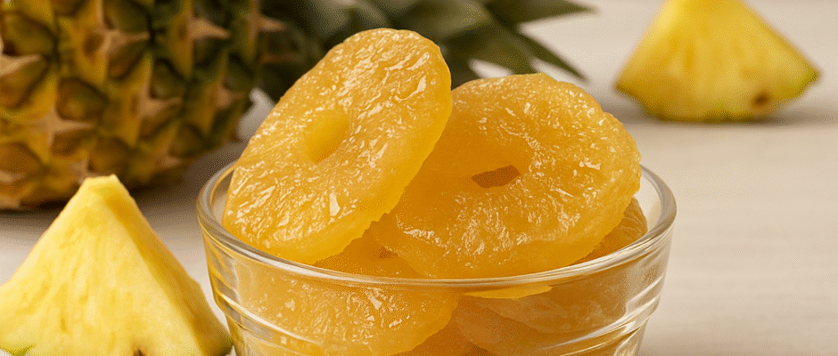 Dulce de piña cristalizada artesanal de Campeche preparado por Pepe Berzunza. Fotografía gastronómica con rodajas doradas de piña en un tazón de vidrio, acompañadas de una piña fresca al fondo. Imagen del blog de José Domingo “Pepe” Berzunza Espínola, dedicada a rescatar recetas tradicionales y fomentar la economía de barrio.