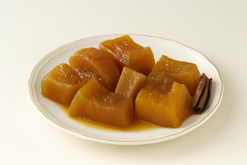 Dulce de papaya campechano en trozos cristalizados servido en plato blanco, receta tradicional incluida en el libro De la Fruta al Confite, promovida por Pepe Berzunza como parte de la gastronomía artesanal de Campeche.