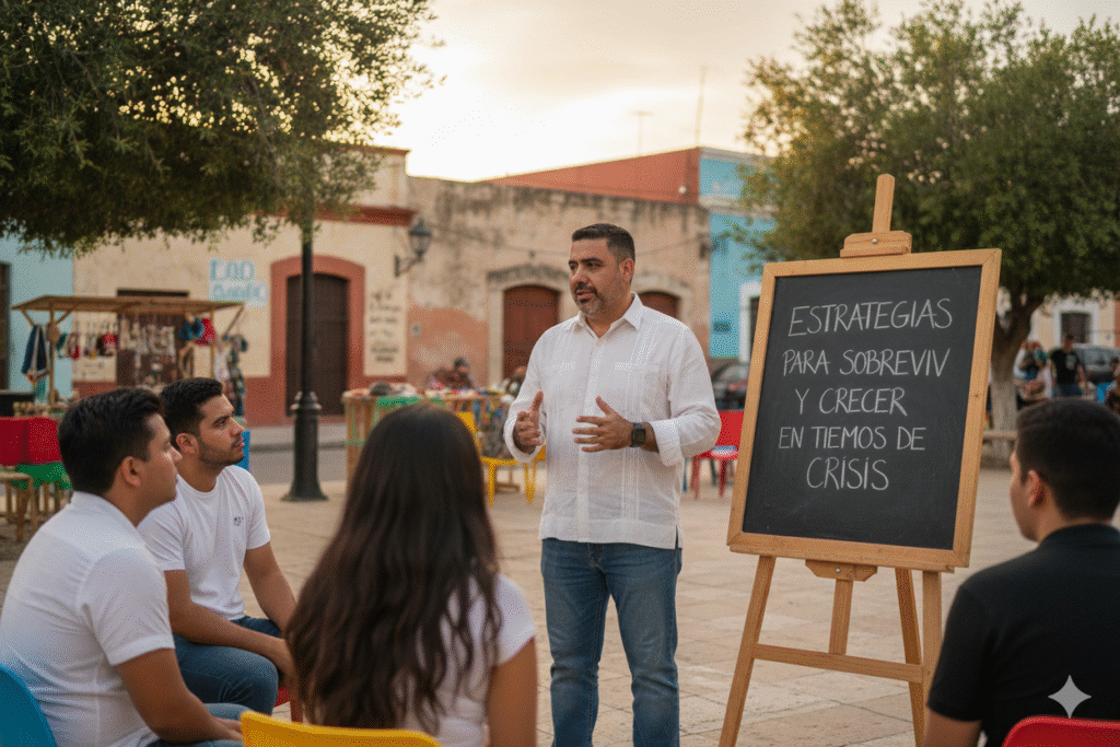 José Domingo Berzunza Espínola hablando frente a un grupo de pequeños empresarios y emprendedores en Campeche, vistiendo camisa blanca arremangada y jeans, mientras comparte estrategias para sobrevivir y crecer en tiempos de crisis. Imagen que transmite liderazgo, esperanza y compromiso con la economía de barrio y el fortalecimiento local.
