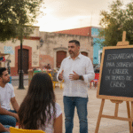 José Domingo Berzunza Espínola hablando frente a un grupo de pequeños empresarios y emprendedores en Campeche, vistiendo camisa blanca arremangada y jeans, mientras comparte estrategias para sobrevivir y crecer en tiempos de crisis. Imagen que transmite liderazgo, esperanza y compromiso con la economía de barrio y el fortalecimiento local.