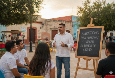 José Domingo Berzunza Espínola hablando frente a un grupo de pequeños empresarios y emprendedores en Campeche, vistiendo camisa blanca arremangada y jeans, mientras comparte estrategias para sobrevivir y crecer en tiempos de crisis. Imagen que transmite liderazgo, esperanza y compromiso con la economía de barrio y el fortalecimiento local.