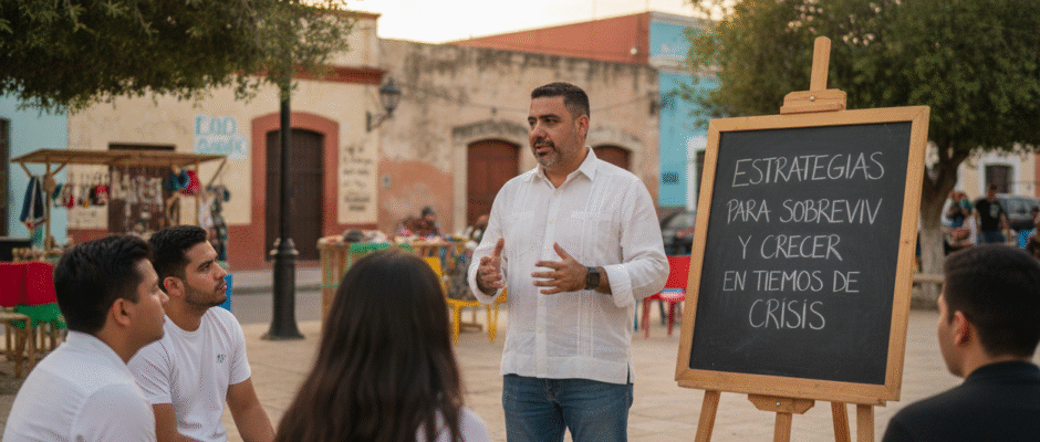 José Domingo Berzunza Espínola hablando frente a un grupo de pequeños empresarios y emprendedores en Campeche, vistiendo camisa blanca arremangada y jeans, mientras comparte estrategias para sobrevivir y crecer en tiempos de crisis. Imagen que transmite liderazgo, esperanza y compromiso con la economía de barrio y el fortalecimiento local.