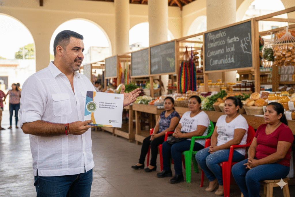 José Domingo Berzunza Espínola mostrando la Guía práctica para pequeños comercios “Cómo competir con los grandes desde la Economía de Barrio”, de pie frente a una pared colorida en un barrio de Campeche, vistiendo camisa blanca arremangada y jeans. Imagen que refleja liderazgo, cercanía y compromiso con la economía local y la sostenibilidad comunitaria.