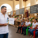 José Domingo Berzunza Espínola mostrando la Guía práctica para pequeños comercios “Cómo competir con los grandes desde la Economía de Barrio”, de pie frente a una pared colorida en un barrio de Campeche, vistiendo camisa blanca arremangada y jeans. Imagen que refleja liderazgo, cercanía y compromiso con la economía local y la sostenibilidad comunitaria.