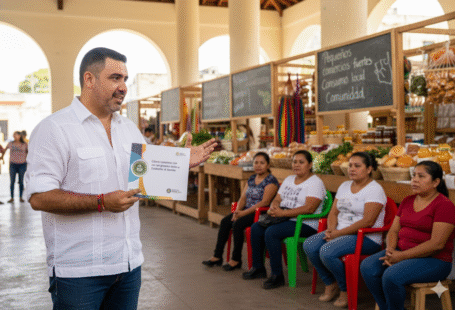 José Domingo Berzunza Espínola mostrando la Guía práctica para pequeños comercios “Cómo competir con los grandes desde la Economía de Barrio”, de pie frente a una pared colorida en un barrio de Campeche, vistiendo camisa blanca arremangada y jeans. Imagen que refleja liderazgo, cercanía y compromiso con la economía local y la sostenibilidad comunitaria.