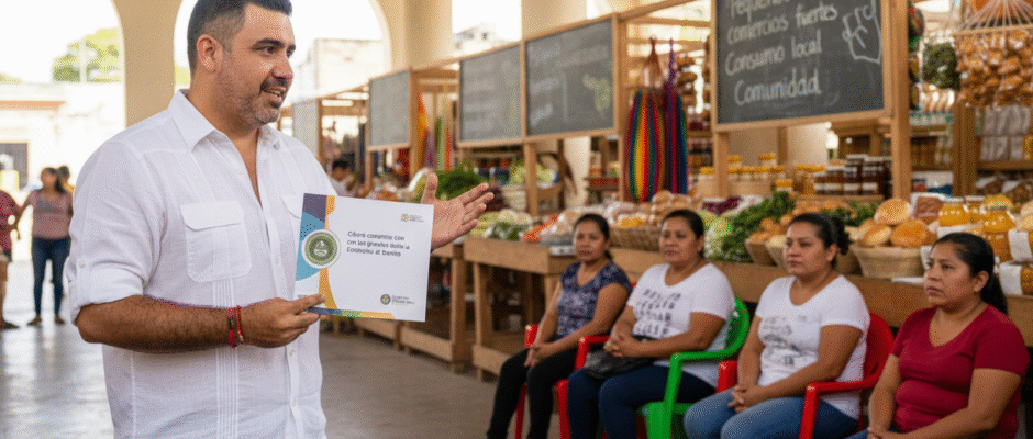 José Domingo Berzunza Espínola mostrando la Guía práctica para pequeños comercios “Cómo competir con los grandes desde la Economía de Barrio”, de pie frente a una pared colorida en un barrio de Campeche, vistiendo camisa blanca arremangada y jeans. Imagen que refleja liderazgo, cercanía y compromiso con la economía local y la sostenibilidad comunitaria.
