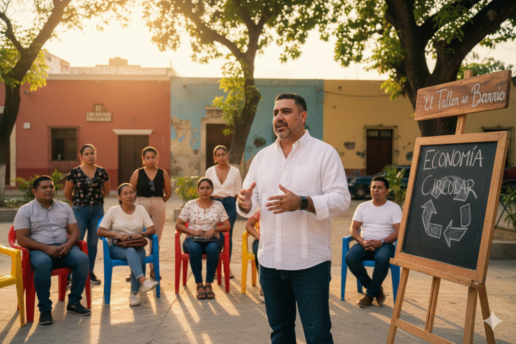 José Domingo Berzunza Espínola ofreciendo una charla sobre economía circular en Campeche, de pie frente a emprendedores locales en un salón comunitario, vistiendo camisa blanca arremangada y jeans, con proyección al fondo que muestra el tema “Economía Circular y Economía de Barrio”. Imagen cálida y profesional que refleja liderazgo, sostenibilidad y compromiso con la economía local.