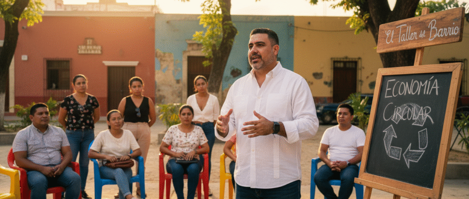 José Domingo Berzunza Espínola ofreciendo una charla sobre economía circular en Campeche, de pie frente a emprendedores locales en un salón comunitario, vistiendo camisa blanca arremangada y jeans, con proyección al fondo que muestra el tema “Economía Circular y Economía de Barrio”. Imagen cálida y profesional que refleja liderazgo, sostenibilidad y compromiso con la economía local.