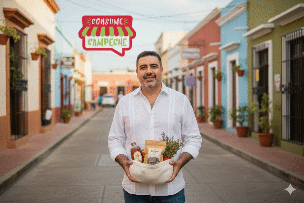 José Domingo Berzunza Espínola promoviendo el movimiento #ConsumeCampeche en un mercado local de Campeche, vistiendo camisa blanca arremangada y jeans, sonriendo mientras sostiene productos locales junto al logo de Consume Campeche. Imagen que transmite orgullo, sostenibilidad y apoyo a la economía de barrio y al consumo local campechano.