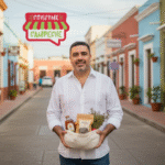 José Domingo Berzunza Espínola promoviendo el movimiento #ConsumeCampeche en un mercado local de Campeche, vistiendo camisa blanca arremangada y jeans, sonriendo mientras sostiene productos locales junto al logo de Consume Campeche. Imagen que transmite orgullo, sostenibilidad y apoyo a la economía de barrio y al consumo local campechano.