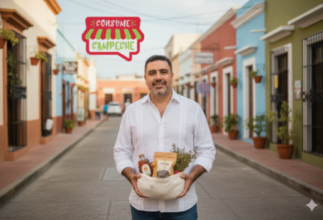 José Domingo Berzunza Espínola promoviendo el movimiento #ConsumeCampeche en un mercado local de Campeche, vistiendo camisa blanca arremangada y jeans, sonriendo mientras sostiene productos locales junto al logo de Consume Campeche. Imagen que transmite orgullo, sostenibilidad y apoyo a la economía de barrio y al consumo local campechano.