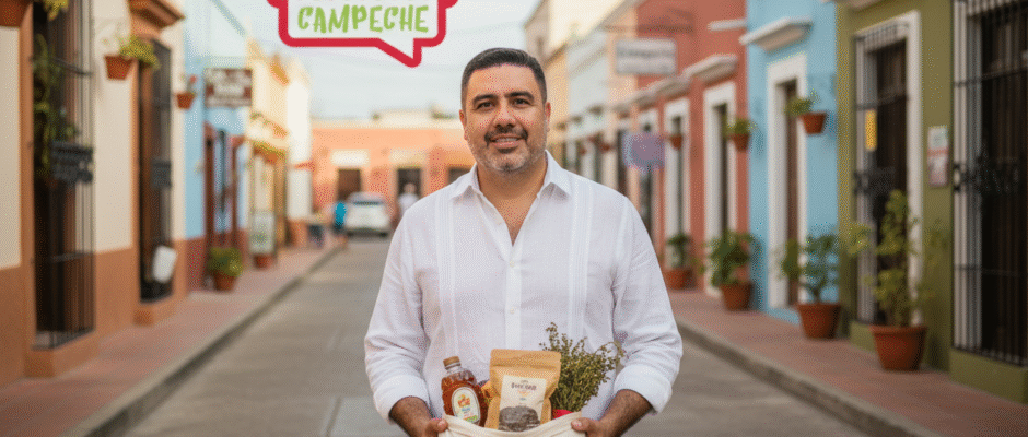 José Domingo Berzunza Espínola promoviendo el movimiento #ConsumeCampeche en un mercado local de Campeche, vistiendo camisa blanca arremangada y jeans, sonriendo mientras sostiene productos locales junto al logo de Consume Campeche. Imagen que transmite orgullo, sostenibilidad y apoyo a la economía de barrio y al consumo local campechano.