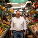 Pepe Berzunza recorriendo los barrios tradicionales de Campeche, conversando con comerciantes locales y productores del mercado de Santa Ana, promoviendo la economía de barrio y el consumo local.