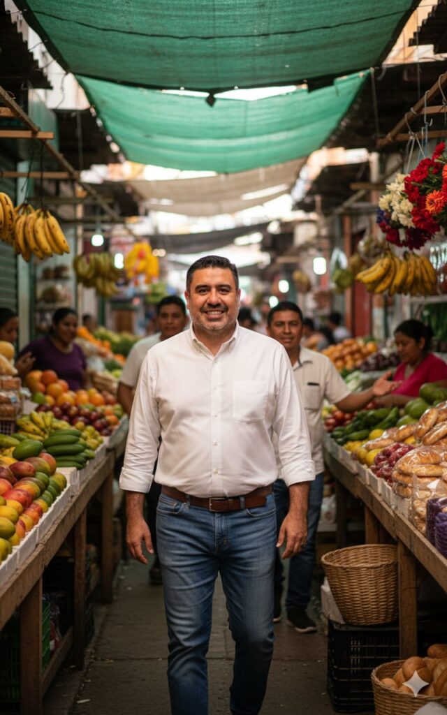 Pepe Berzunza recorriendo los barrios tradicionales de Campeche, conversando con comerciantes locales y productores del mercado de Santa Ana, promoviendo la economía de barrio y el consumo local.