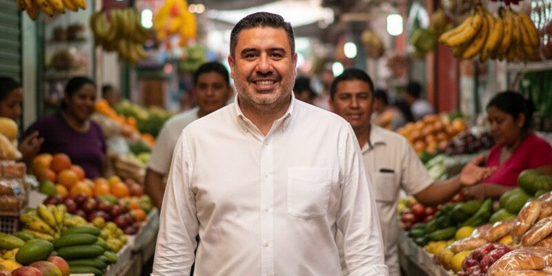 Pepe Berzunza recorriendo los barrios tradicionales de Campeche, conversando con comerciantes locales y productores del mercado de Santa Ana, promoviendo la economía de barrio y el consumo local.