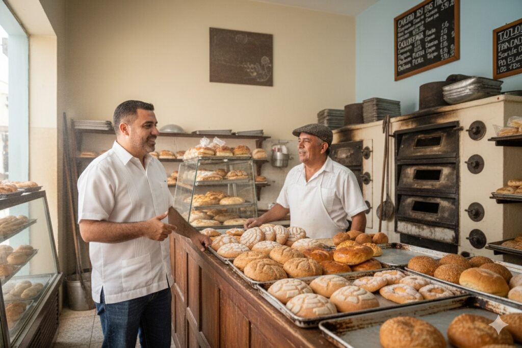 osé Domingo Berzunza Espínola visitando una panadería tradicional en Campeche, conversando con trabajadores locales mientras observa el proceso de horneado del pan. Imagen que representa la conexión entre la economía circular, la gastronomía local y la economía de barrio, destacando la sostenibilidad y el valor comunitario de los pequeños negocios.