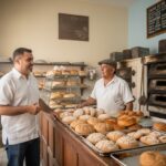 osé Domingo Berzunza Espínola visitando una panadería tradicional en Campeche, conversando con trabajadores locales mientras observa el proceso de horneado del pan. Imagen que representa la conexión entre la economía circular, la gastronomía local y la economía de barrio, destacando la sostenibilidad y el valor comunitario de los pequeños negocios.
