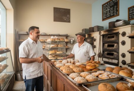 osé Domingo Berzunza Espínola visitando una panadería tradicional en Campeche, conversando con trabajadores locales mientras observa el proceso de horneado del pan. Imagen que representa la conexión entre la economía circular, la gastronomía local y la economía de barrio, destacando la sostenibilidad y el valor comunitario de los pequeños negocios.