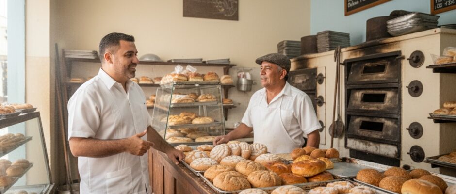 osé Domingo Berzunza Espínola visitando una panadería tradicional en Campeche, conversando con trabajadores locales mientras observa el proceso de horneado del pan. Imagen que representa la conexión entre la economía circular, la gastronomía local y la economía de barrio, destacando la sostenibilidad y el valor comunitario de los pequeños negocios.