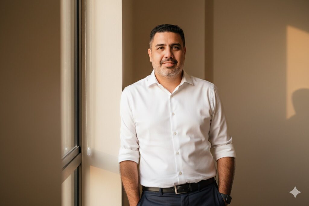 Pepe Berzunza durante su declaración personal sobre transparencia y rendición de cuentas, retratado en una oficina  que simboliza claridad, confianza y equilibrio profesional.