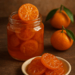 Dulce de mandarina tradicional de Campeche preparado artesanalmente por Pepe Berzunza. Fotografía gastronómica que muestra un frasco de vidrio con rodajas de mandarina confitada en almíbar, sobre una mesa rústica, acompañada de mandarinas frescas con hojas verdes. Imagen del blog De la Fruta al Confite de José Domingo “Pepe” Berzunza Espínola, dedicada a rescatar la gastronomía campechana y promover el emprendimiento local.