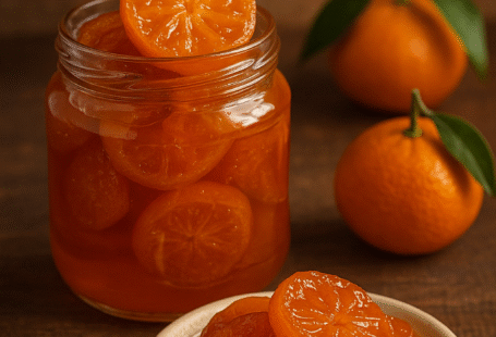 Dulce de mandarina tradicional de Campeche preparado artesanalmente por Pepe Berzunza. Fotografía gastronómica que muestra un frasco de vidrio con rodajas de mandarina confitada en almíbar, sobre una mesa rústica, acompañada de mandarinas frescas con hojas verdes. Imagen del blog De la Fruta al Confite de José Domingo “Pepe” Berzunza Espínola, dedicada a rescatar la gastronomía campechana y promover el emprendimiento local.