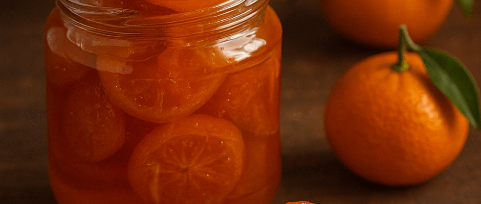 Dulce de mandarina tradicional de Campeche preparado artesanalmente por Pepe Berzunza. Fotografía gastronómica que muestra un frasco de vidrio con rodajas de mandarina confitada en almíbar, sobre una mesa rústica, acompañada de mandarinas frescas con hojas verdes. Imagen del blog De la Fruta al Confite de José Domingo “Pepe” Berzunza Espínola, dedicada a rescatar la gastronomía campechana y promover el emprendimiento local.