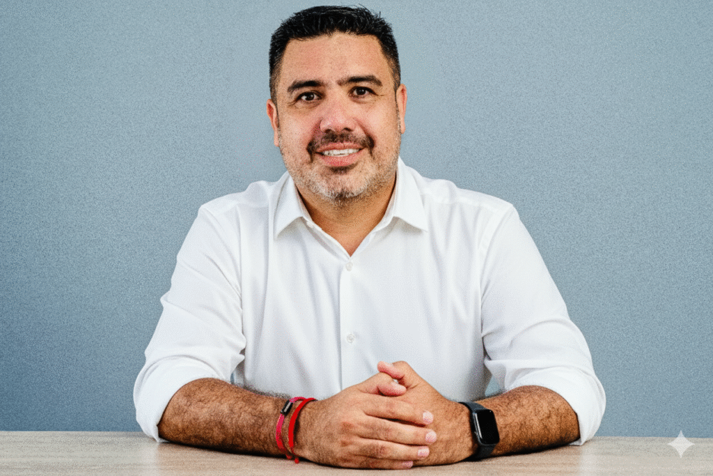 Pepe Berzunza sonriente, vestido con camisa blanca, sentado en una mesa frente a un fondo neutro, transmitiendo cercanía, liderazgo y confianza profesional.