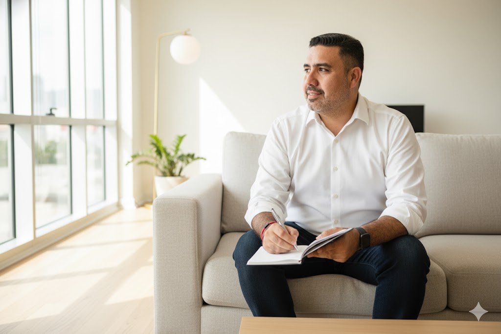 Pepe Berzunza de pie en una sala escandinava luminosa, con mirada reflexiva e inspiradora, simbolizando liderazgo, ética y aprendizaje del servicio público.
