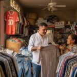 José Domingo Berzunza Espínola en una tienda de ropa americana de paca en Campeche, observando prendas de segunda mano mientras conversa con una vendedora local. Imagen que representa la conexión entre la economía circular, la economía de barrio y el consumo responsable en comunidades campechanas.