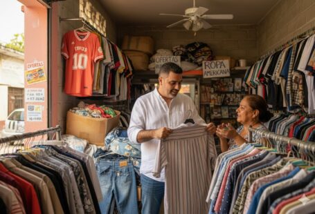José Domingo Berzunza Espínola en una tienda de ropa americana de paca en Campeche, observando prendas de segunda mano mientras conversa con una vendedora local. Imagen que representa la conexión entre la economía circular, la economía de barrio y el consumo responsable en comunidades campechanas.