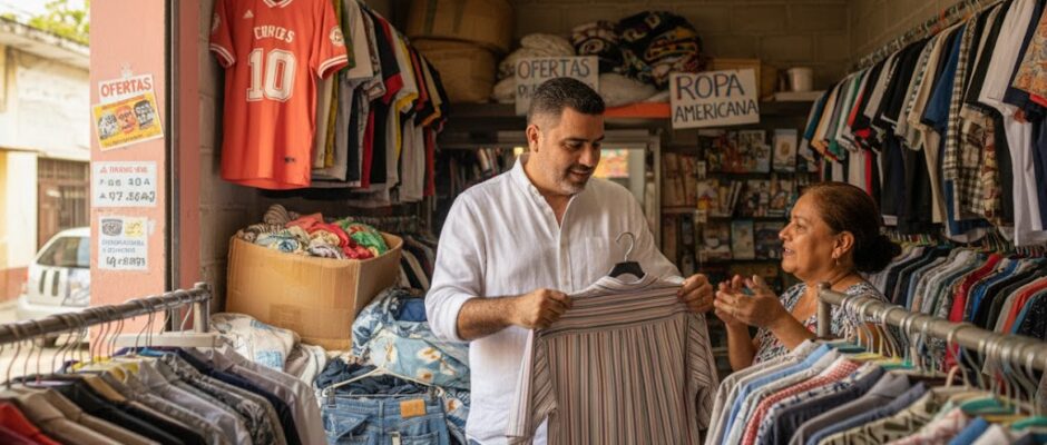 José Domingo Berzunza Espínola en una tienda de ropa americana de paca en Campeche, observando prendas de segunda mano mientras conversa con una vendedora local. Imagen que representa la conexión entre la economía circular, la economía de barrio y el consumo responsable en comunidades campechanas.