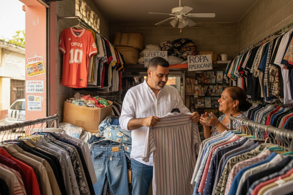 José Domingo Berzunza Espínola en una tienda de ropa americana de paca en Campeche, observando prendas de segunda mano mientras conversa con una vendedora local. Imagen que representa la conexión entre la economía circular, la economía de barrio y el consumo responsable en comunidades campechanas.