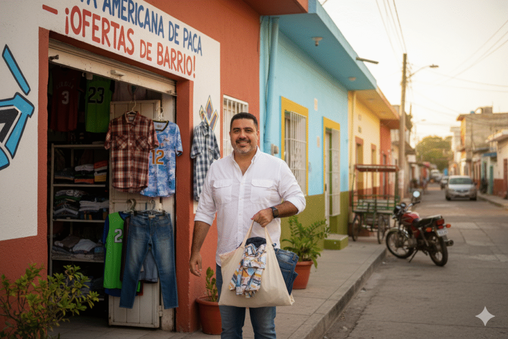 Pepe Berzunza en una tienda de paca en Campeche, promoviendo la economía cotidiana y el consumo responsable como parte del movimiento Economía de Barrio. Escena realista, colores cálidos, ambiente comunitario.