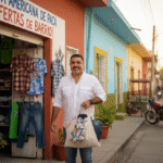 Pepe Berzunza en una tienda de paca en Campeche, promoviendo la economía cotidiana y el consumo responsable como parte del movimiento Economía de Barrio. Escena realista, colores cálidos, ambiente comunitario.