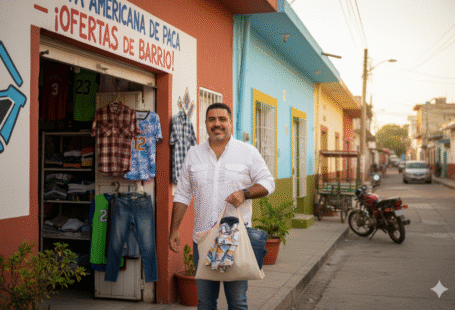 Pepe Berzunza en una tienda de paca en Campeche, promoviendo la economía cotidiana y el consumo responsable como parte del movimiento Economía de Barrio. Escena realista, colores cálidos, ambiente comunitario.