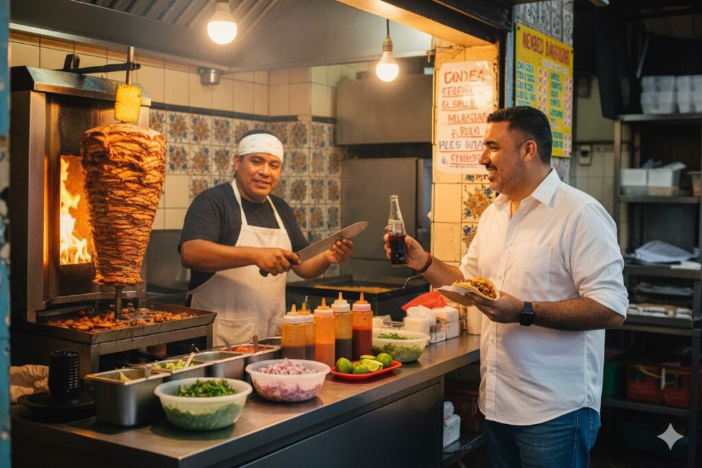 Pepe Berzunza disfrutando unos tacos al pastor en una taquería de barrio en Campeche, símbolo de la economía local y el consumo responsable.