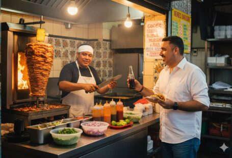 Pepe Berzunza disfrutando unos tacos al pastor en una taquería de barrio en Campeche, símbolo de la economía local y el consumo responsable.