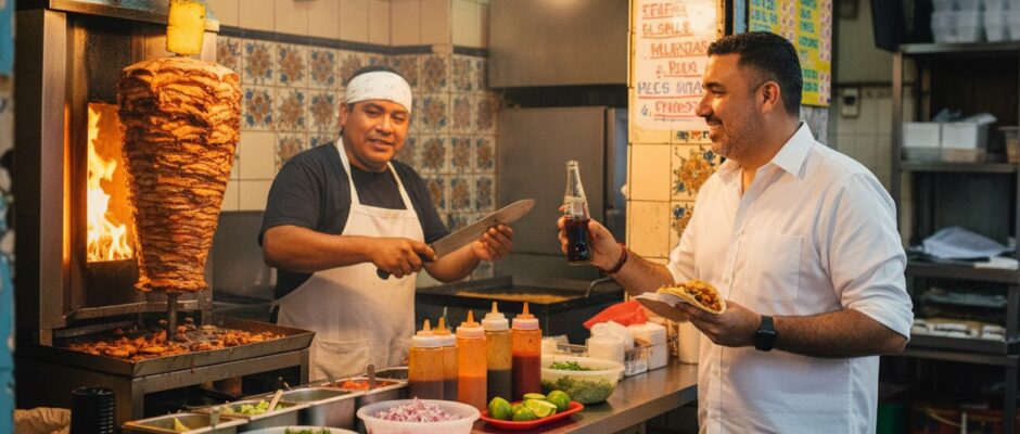 Pepe Berzunza disfrutando unos tacos al pastor en una taquería de barrio en Campeche, símbolo de la economía local y el consumo responsable.