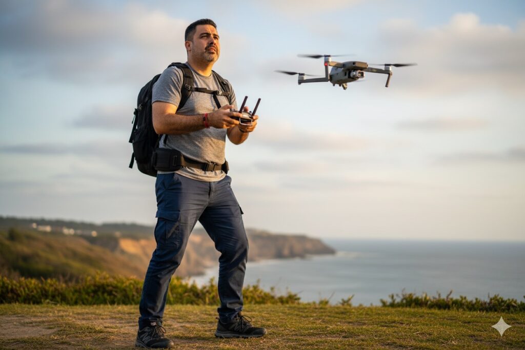 Pepe Berzunza volando un dron en paisaje, como ejemplo de los trabajos del futuro.