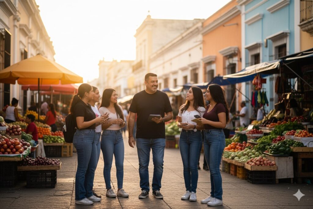 Pepe Berzunza caminando por una calle tradicional de Campeche, rodeado de comercios y vecinos, simbolizando el liderazgo local y la visión de reconstruir la economía desde los barrios.