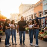 Pepe Berzunza caminando por una calle tradicional de Campeche, rodeado de comercios y vecinos, simbolizando el liderazgo local y la visión de reconstruir la economía desde los barrios.