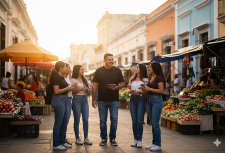 Pepe Berzunza caminando por una calle tradicional de Campeche, rodeado de comercios y vecinos, simbolizando el liderazgo local y la visión de reconstruir la economía desde los barrios.