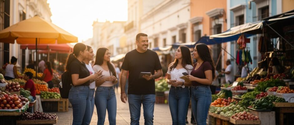 Pepe Berzunza caminando por una calle tradicional de Campeche, rodeado de comercios y vecinos, simbolizando el liderazgo local y la visión de reconstruir la economía desde los barrios.