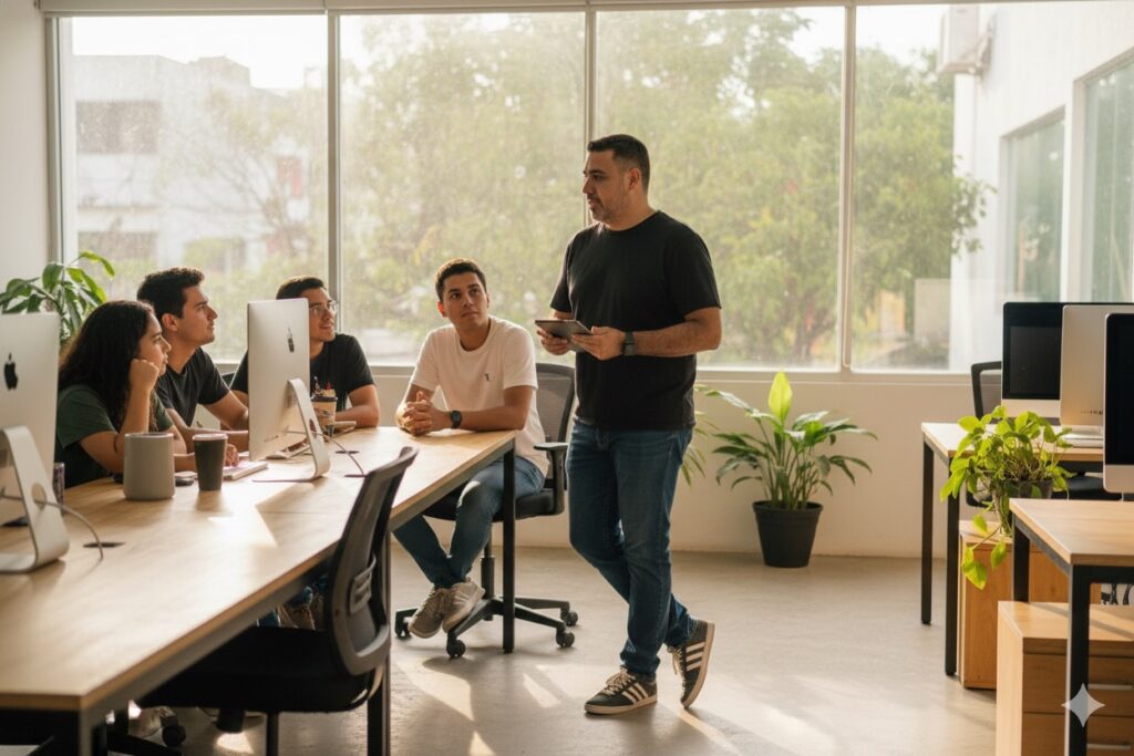 Pepe Berzunza con playera negra y jeans, caminando por un mercado de Campeche al atardecer, dialogando con jóvenes emprendedores y simbolizando liderazgo cercano e innovación desde la Escuela de la Calle.